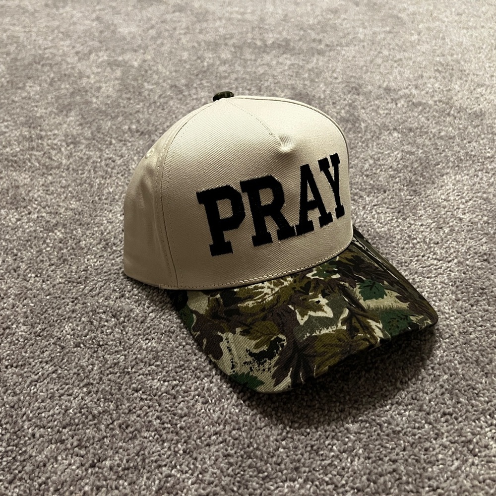 PRAY Embroidered Front Cap with Camouflage Brim